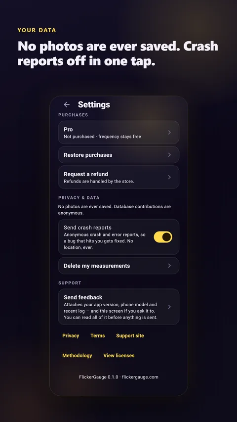 Your data: no photos are ever saved, crash reports off in one tap